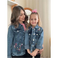 Anne-Kız Çocuk Çiçek Nakışlı Kot Ceket-Jeans Ceket/kot Mont-Jeans Mont