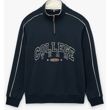 Uzun Kollu Kolej Nakışlı Renk Kontrastlı Şardonlu Yarım Fermuarlı Sweatshirt