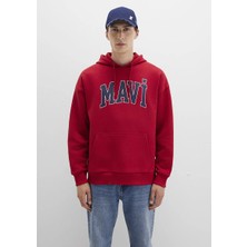 Mavi Kırmızı Kapüşonlu Sweatshirt Erkek Tasarımı Uzun Kollu Grafik Desenli Cepli 067149-70464