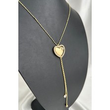 Altın Rengi Taşlı Kalp Detay Zincir Sallantılı Y Kolye