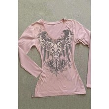 Kara Kedi Günlük Kullanım İçin Pembe Gothic Wing Y2K Uzun Kollu Crop Pamuklu Kadın Bluz Normal Yaka