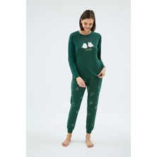 Kadın Uzun Kollu Baskılı Üst Jogger Paça Yeşil Pijama Takımı C9T7N071