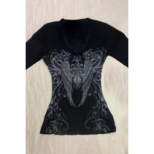 Kara Kedi Siyah Vintage Gotik Wing Y2K Uzun Kollu Crop