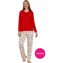 Bie's Kadın Kırmızı V Yaka Düğmesiz Mantar Desen Likralı Viskon Mevsimlik Uzun Kol Pijama Takımı