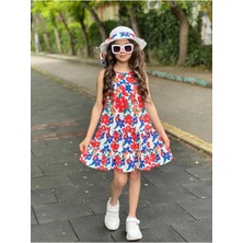 Kız Çocuk Çiçek Desenli Şapkalı Yazlık Elbise-Bayramlık