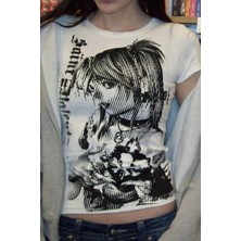 Beyaz Vintage Anime Misa Amane Saint Gotik Y2K Kısa Kollu Crop
