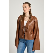 Kahve Deri Önden Bağlamalı Kısa Ceket Kimono 30023