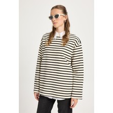 Kadın Çizgili Oversize Siyah Krem Sweatshirt 30010