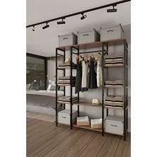 Majorka 180X150X35 Siyah Metal Ahşap Desenli Yonga Levha Açık Giyinme Dolap Portmanto Elbise Askılık