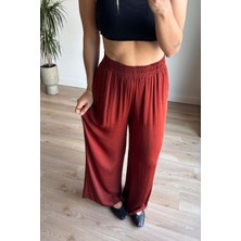 Kiremit Beli Lastikli Bol Paça Dökümlü Saten Pantolon