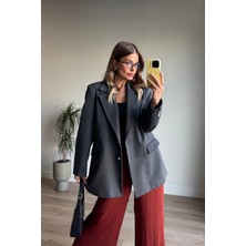 Antrasit Gümüş Düğmeli Astarlı Blazer Ceket