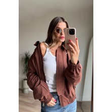 Kahverengi Beli Lastikli Fermuarlı Astarlı Su Geçirmez Bomber Ceket