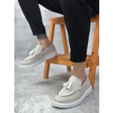 ET0005 Bağcıksız Yüksek Taban Klasik Yeni Keten Gri Püsküllü Erkek Ayakkabı