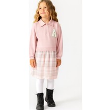 Kız Çocuk Pembe Polo Yaka Sweatshirt Görünümlü Ekose Desenli ELBISE-1706 P