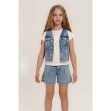 Escabel Taşlı Kız Kot Yelek - Mavi