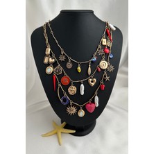 Vintage Detaylı Renkli Charm Çok Katlı ve Figürlü Tasarım Kolye
