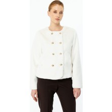 Ekol Kadın Düğme Detaylı Peluş Mont 7041 Ekru