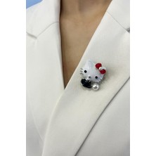Gümüş Rengi Mineli Inci Detaylı Kedi Broş (3cm)