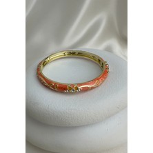 Özel Seri Turuncu Mineli Taşlı Yonca Detay Kelepçe Bileklik (Iç Çapı:6cm)