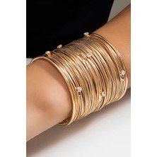 Altın Rengi Taş Detaylı Tel Sarma Kelepçe Bileklik (Iç Çapı:6cm)