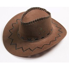Bağcıklı Çocuk Boy Nubuk Süet Kovboy Şapkası Koyu Kahve Renk
