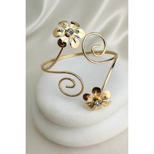 Altın Rengi Tek Taş Yonca Kıvrımlı Ayarlanabilir Kol Aksesuarı (Çapı:9cm)