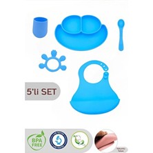 Mavi Silikon Mama Seti 5 Li Ek Gıda Seti-Vakumlu Tabak Önlük Kaşık Bardak Diş Kaşıyıcı