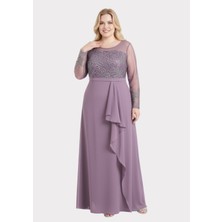 Lilas Xxl Büyük Beden Glitter Baskı Şifon Fırfırlı Lavanta Renkli Abiye Elbise