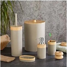 Limpia Bambu Desenli 5'li Banyo Seti Bej Renk Plastik Malzeme ile Şık Tasarım ve Kolay Temizlik