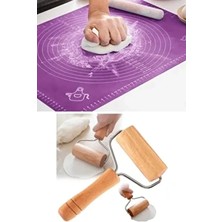 Silikon Hamur Açma Matı Ölçekli Hamur Açma Altlığı ve Ahşap Saplı Rulo Hamur Açıcı Merdane Oklava