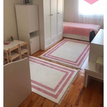 STY Home Pasa Kaymaz Tabanlı Yıkanabilir Halı Kilim Yolluk Pembe Beyaz