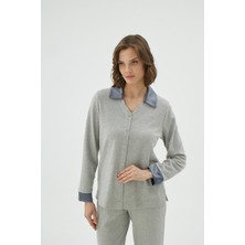 Kadın Düğmeli Saten Yaka Uzun Kollu Gri Pijama Takımı C9T1N961