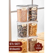 Vienev 6'lı Set Orta Boy 1,2 Litre Beyaz Plastik Etiketli Kare Erzak Saklama Kabı Sızdırmaz