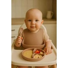 3’lü Silikon Beslenme Seti-Silikon Mama Önlüğü, Vakumlu Tabak, Diş Kaşıyıcılı Kaşık Kahverengi