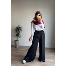 Siyah Beli Lastikli Bol Paça Dökümlü Saten Pantolon