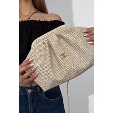 Class Bag Kadın Krem Hasır Görünümlü El ve Omuz Askılı Clutch Çanta