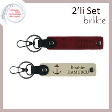 Yelken ve Deniz Aşkıyla Hazırlanmış Isimli Anahtarlık, Çapa Motifli Kişisel Deri Set, Bordo-S Kahve