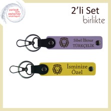 Kaplan Figürlü Doğum Gününe Uygun Armağan, Isme Yazılabilir Deri Anahtarlık, Mor Menekşe-Sarı