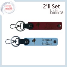 Boks Temalı Kişisel Tasarım, Erkek Sevgiliye Kalıcı Isimli, 2’li Deri Anahtarlık, Bordo-Gök Mavi