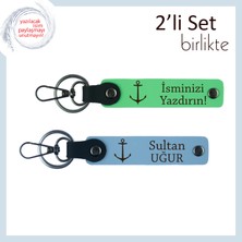 Balıkçı Teknesi Temalı Kardeşe Özel Hediyelik, Denizcilik Figürlü Deri Set, Fıstık Yeşil-Gök Mavi