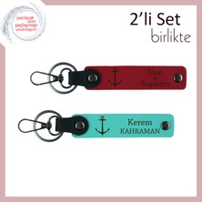 Çıpa Figürüyle Zarif ve Anlamlı Hatıra, Isme Özel Deri Anahtarlık Takımı, Kırmızı-Turkuaz