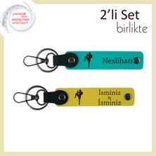 Boks Temalı Güç Simgesi Hediyelik, Erkek Arkadaşa Kişisel Isimli Deri Anahtarlık, Koyu Turkuaz-Sarı