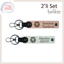 Aslan Temalı Deri Anahtarlık, Karizmatik Duruş Temalı 2’li Kişisel Set, Yavru Ağzı-Beyaz