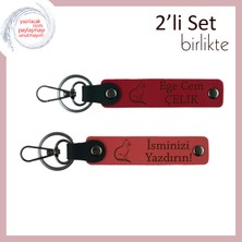 Minnoşlar Için Anlamlı Armağan, Kedi Temalı, Kişisel Yazılı Deri Anahtarlık, Kırmızı-Nar Çiçeği