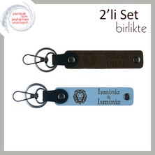 Tarzına Güç Katmak Isteyen Erkeklere, Aslan Motifli Kişisel Anahtarlık Takımı, Koyu Kahve-Gök Mavi