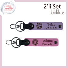 Kaplan Motifli Erkek Kardeşe Doğum Günü Hediyesi, Şık 2’li Deri Anahtarlık, Mor Menekşe-Pembe