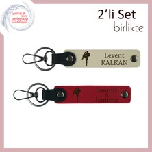 Tekvando Figürlü Şık Tasarım, Kız Sevgiliye Kişisel Yazılabilir Deri Anahtarlık, Sütlü Kahve-Kırmızı