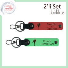 Erkek Sevgiliye Kickboks Temalı Deri Anahtarlık, Kalıcı Hatıralık Yazı Eklenebilir Set, Nar-F Yeşil