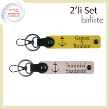 Balıkçı Teknesine Uygun Kişiye Özel Isimli Anahtarlık, Çapa Figürlü Hediyelik Set, Sarı-Pudra