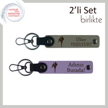 Kız Sevgiliye Güç ve Cesaret Temalı Hediye, Dövüş Motifli Deri Anahtarlık Seti, Kül Gri-Mor Menekşe